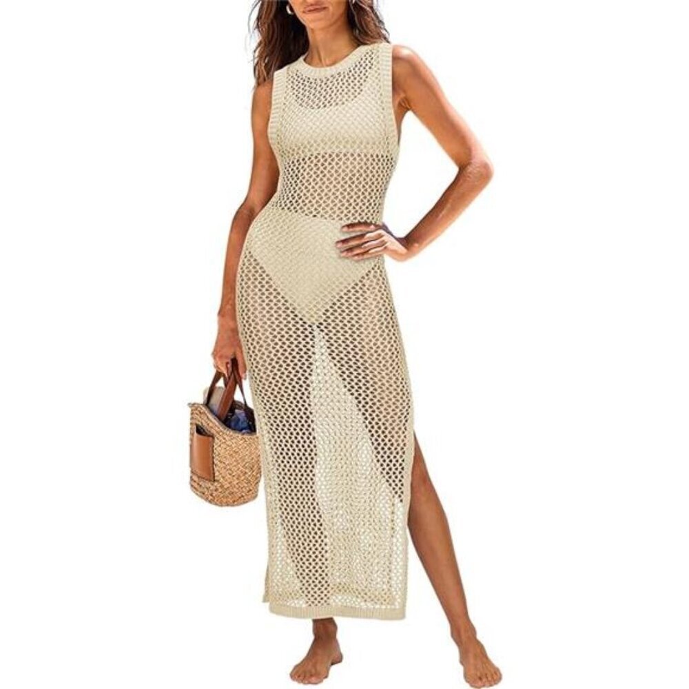 Women's Cover Up Sleeveless Hollow Knit Bikini Coverup Crochet Beach Dress - Picture 7 of 14